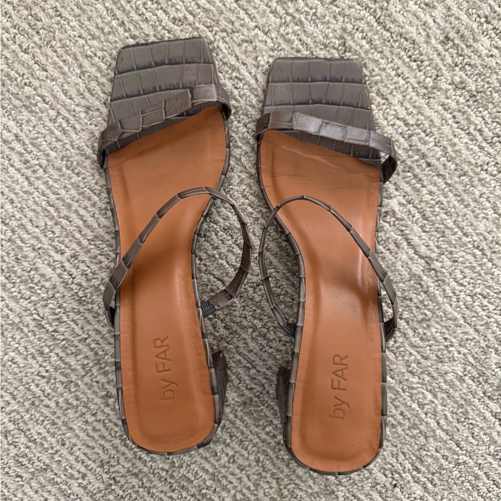 BY FAR Dark Gray Croc-Embossed Sandals